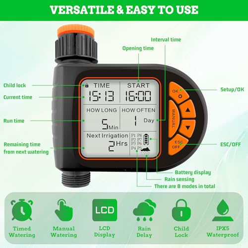 Automatic Drip Irrigation System Kit - 226FT with LCD Timer, 3 Sprayer Types Automatic Garden Watering System, 1/2 Inch Hose 1/4 Inch Distribution Tubing Garden Watering Solution for Outdoor Plants