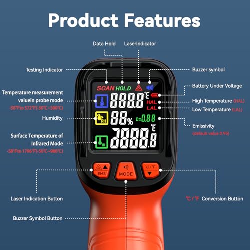 Infrared Thermometer Gun, -58°F to 1796°F, Dual-Mode 16:1 | Surface & Internal Temperature Reading，Humidity Display，Ideal for HVAC, Cooking & Home Inspection - color: Orange/-58°F to 1796°F and -58°F to 572°F