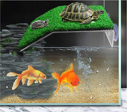 alfyng Small Turtle Resting Basking Platform, Simulation Grass Turtles Ramp, Lawn Tortoise Climbing Ladder Resting Terrace Turtle Dock Floating Décor for Reptile Frog Terrapin - size: S