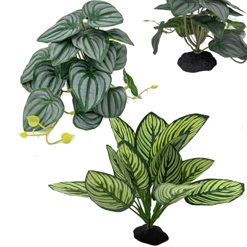 Reptile Plants Terrarium Decor, Artificial Fake Plants for Bearded Dragon, Leopard Gecko, Snake, Crested, Ball Python Tank (Zebra Calathea & Watermelon Leaf + Base) - color: Zebra Calathea & Watermelon Leaf + Base