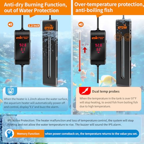 azw 500W Aquarium Heater 65-120Gal Triple Auto Shutoff Safety & Memory Function | Dual Explosion-Proof Heating, Triple Safety Cutoff, LED Precise Control, Memory Function, Multi-purpose Aquarium Heater - size: M
