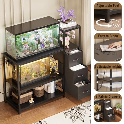 20 Gallon Aquarium Stand with Drawers & Power Outlet, Black | Fits 20 Gallon Tanks; Reptile Tank Stand; 3-Tier Storage Shelves; Adjustable Height; Heavy-Duty Metal Frame - color: Black