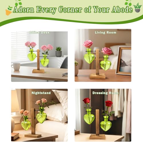 XXXFLOWER Plant Propagation Station Terrarium 2 Green Heart Shaped Vase | Terrarium Kit Bulb Glass Metal Desk Plant Holder, Retro Air Plants Water Plants, Home Office Decoration - color: Green