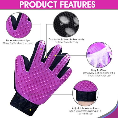 Upgrade Pet Grooming Gloves, Grooming Gloves for Dogs, Cats, Rabbits & Horses with Long and Short Hair, Efficient Pets Hair Remover Mittens - 1 Pair (Purple) - color: Purple