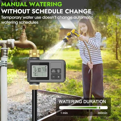 60FT Drip Irrigation System with Smart Water Timer | Brass Connectors, 360° Adjustable Nozzles and Bendable Tubing for Garden, Greenhouse, Lawn, Raised Beds and Potted Plants - size: 60Ft Brass Fitting with Timer