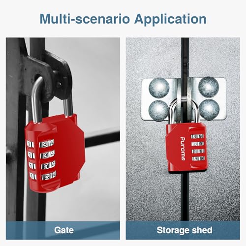Puroma 1 Pack Combination Lock Locker 4 Digits Combo Padlock Gym Red | For School Gate Fence Toolbox Hasp Storage, Outdoor, Resettable, Weatherproof, Side Window, Crack Cut Resist, Hardened Steel - color: Red