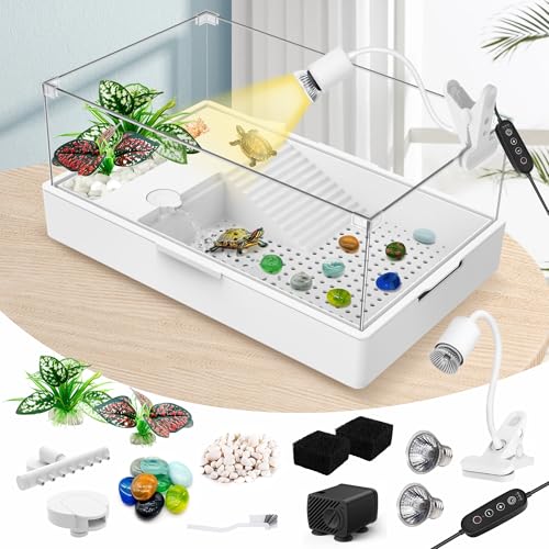 GOZILLA Large Turtle Tank Kit+Water Pump, Acrylic Turtle Tank Starter Kit with Adjustable 5W Water Pump and Two Shower Heads, Multi-Functional Area for Small/Medium Turtles(Large-White Kit) - color: White Kit-Large