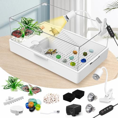 GOZILLA Large Turtle Tank Kit+Water Pump, Acrylic Turtle Tank Starter Kit with Adjustable 5W Water Pump and Two Shower Heads, Multi-Functional Area for Small/Medium Turtles(Large-White Kit) - color: White Kit-Large