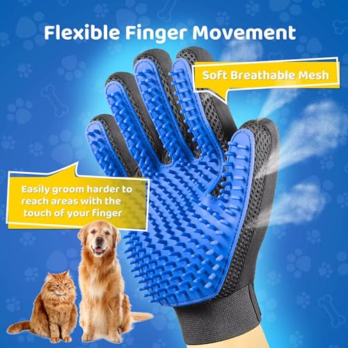 Silicone Pet Grooming Glove – 5-Finger Deshedding & Massage Mitt for Dogs & Cats – Wet & Dry Hair Removal Glove with Adjustable Strap (Right Hand), Blue