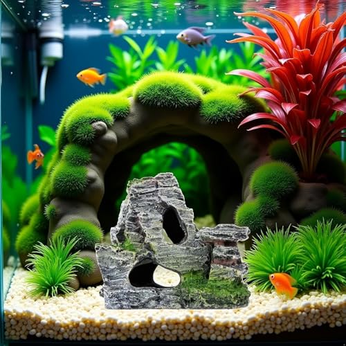 Resin Aquarium Mountain Decor with Moss Rock Cave - Multi-Level Terrain for Fish Tank Landscaping, Natural-Looking Rockery Design with Hidden Cave and Crevices for Shrimp, Reptile Habitat Aquascaping