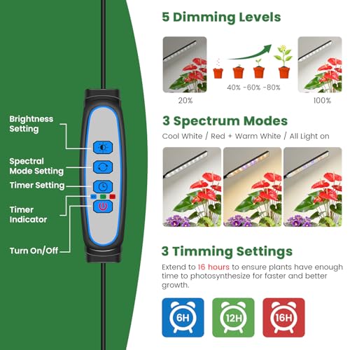 Kullsinss Clip-on Plant Lights for Indoor Growing, 57 LEDs 10W Grow Light | Full Spectrum Grow Lamp with Timer & Dimmable, Black Gooseneck Plant Lamp for Seed Starting, Succulents, Seedlings - size: 1 Head-Black