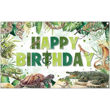 Fabric 72x43inch Reptile Birthday Backdrop Jungle Wild Banner | Tropical Rainforest Lizard Snake Turtle Alligator Palm Leaves Background, Kids Adult Party Decorations, Photo Props - size: 72x43inch