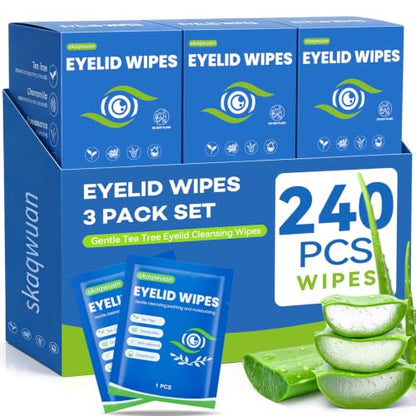 240PCS (3 Boxes) Eyelid Cleansing Wipes, Tea Tree Oil Gentle Cleansing Cloths, Gentle Daily Facial Cleansing Wipes for Sensitive Skin, Alcohol Free Moisturizing Eye Area Cleansing Wipes Bulk Pack - size: 1 Count (Pack of 240)