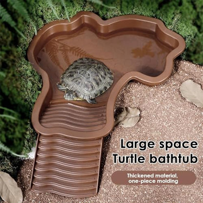 Reptile Bathing Tub Turtle Pool | Turtle Soaking Tub with Ladder Turtle Pool Scenery for Gecko, Turtle, Bearded Dragon, Aquatic Climbing Pet, Amphibians - color: Red Brown
