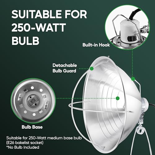 HealSmart 10.5" Clamp Light Socket and Bulb Guard, 250-Watt Maximum with 6 Feet 18/2 SPT-2 Cord, Aluminum Reflector E26 (no Bulb Included), for Reptiles and Plants Growing, (Pack of 1) - size: 10.5 Inch (250 Watts), style: 1-Pack