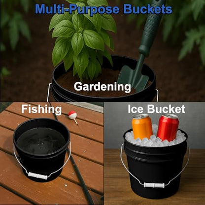 1-Gallon Bucket with Airtight Lid – Made in USA, Food Grade BPA Free Plastic, Heavy Duty Multi-Use, Metal Handle with Grip, Stackable Storage – Black, 5 Pack - color: Black, size: 5