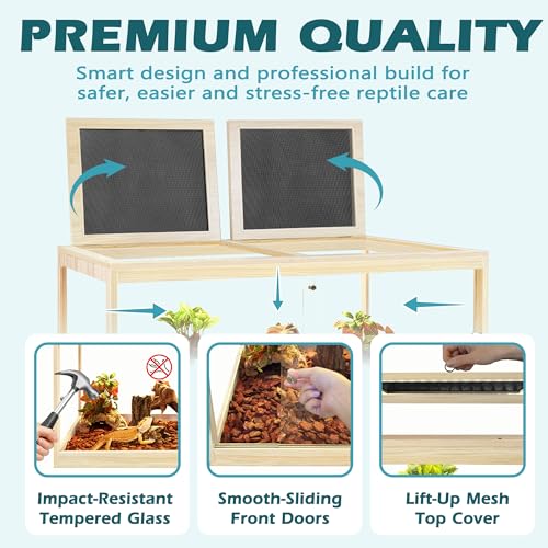 82 Gallon Bearded Dragon Tank, 48 x 20 x 20 Inch Tempered Glass Reptile Enclosure with Metal Mesh Top, Lockable Sliding Front Doors, Large Lizard and Snake Terrarium, Oak - color: Oak, size: 82 Gallon (48x19.5x19.5 Inch)