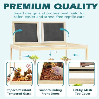 82 Gallon Bearded Dragon Tank, 48 x 20 x 20 Inch Tempered Glass Reptile Enclosure with Metal Mesh Top, Lockable Sliding Front Doors, Large Lizard and Snake Terrarium, Oak - color: Oak, size: 82 Gallon (48x19.5x19.5 Inch)