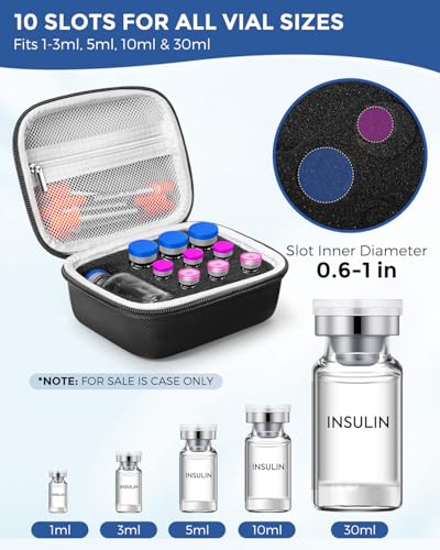 Peptide Storage Case & Insulin Vial Case for Fridge, Medicine Vial Holder, 10 Slots Holder: 9 for 1ml,3ml,5ml,10ml Vials, 1 Dedicated Slot for 30ml Vial, Portable Diabetic Supplies Organizer, Black