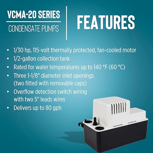 Little Giant VCMA-20ULS 115 Volt, 80 GPH, 1/30 HP Automatic Condensate Removal Pump for HVAC/Refrigeration Systems/Dehumidifiers with Overflow Detection Switch and 6-Foot Cord, White/Black, 554425 - size: 115 Volts