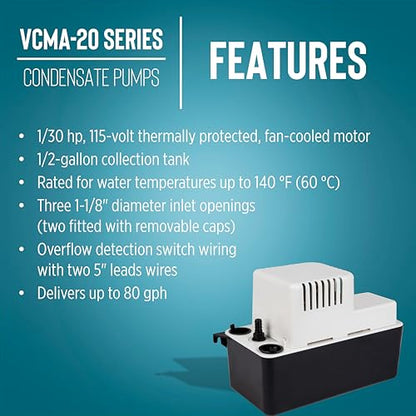 Little Giant VCMA-20ULS 115 Volt, 80 GPH, 1/30 HP Automatic Condensate Removal Pump for HVAC/Refrigeration Systems/Dehumidifiers with Overflow Detection Switch and 6-Foot Cord, White/Black, 554425 - size: 115 Volts