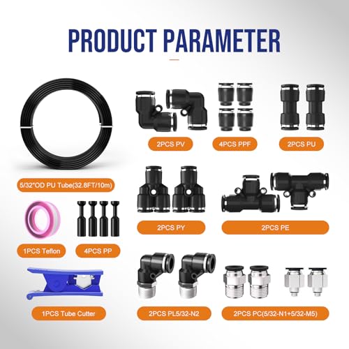 5/32 OD Inch 4mm Air Line Hose Tubing Kit Poly Airline Black | Polyurethane Compressed Pneumatic Compressor Repair Kit With Push To Connect Fittings - color: Black, size: 5/32" OD