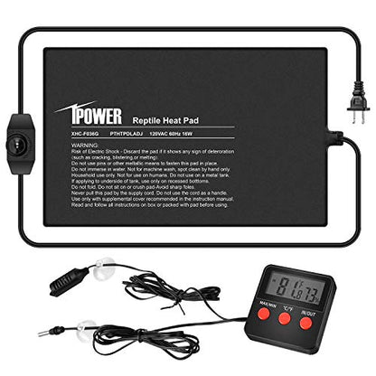 iPower 8"x12" Under Tank Warmer Heating Pad Terrarium Heat Mat with Temperature Adjustable Controller, Thermometer and Hygrometer with Temperature and Humidity Probe for Amphibian and Reptile - size: 8 X 12 Inch, style: Adjustable Pad + Thermo & Hygromete