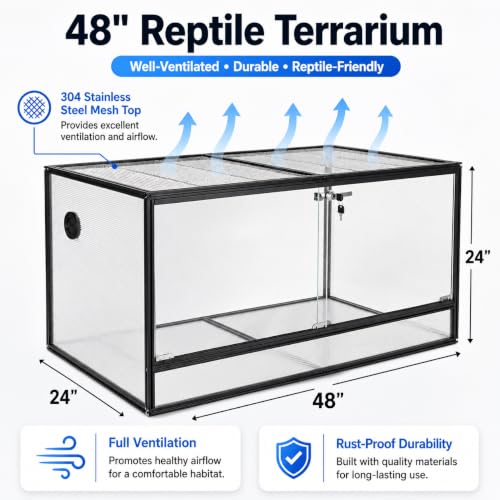 120 Gallon Bearded Dragon Tank, 48x24x24 Reptile Enclosure, Black | 4x2x2 reptile tank, Aluminum Frame, Tempered Glass Sliding Doors, Cable Port - color: Black