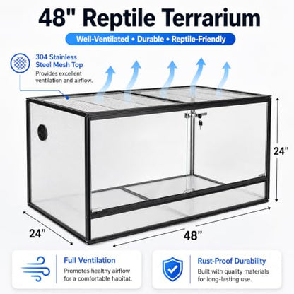 120 Gallon Bearded Dragon Tank, 48x24x24 Reptile Enclosure, Black | 4x2x2 reptile tank, Aluminum Frame, Tempered Glass Sliding Doors, Cable Port - color: Black