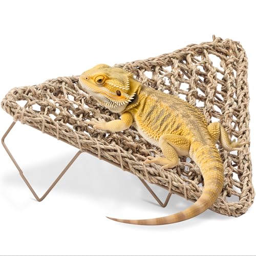 Bearded Dragon Hammock - Reptile Bed Tank Accessories with Collapsible Metal Legs - Basking Platform and Decor for Lizards, Leopard Gecko, Snake, Hermit Crab, Frog - Seagrass Material - Triangle Shape