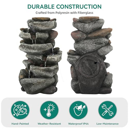 20" H Rock Outdoor Water Fountain with LED Lights | Unique 5-Tier Cascading Waterfall for Garden Patio Yard, Weather-Resistant Polyresin Water Feature for Tranquil Zen Oasis - color: 20"h-rock Gray