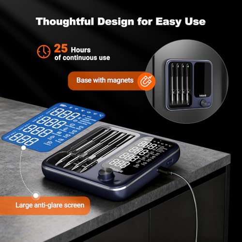 4-Probes Smart Wireless Meat Thermometer with WiFi & Bluetooth, Digital Meat Thermometer for Smoker, Oven & BBQ, Rechargeable Magnetic Base, Large Digital Backlit Screen