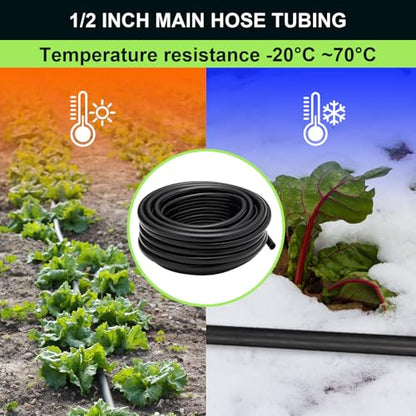 50FT 1/2 Inch Drip Irrigation Tubing Main Line Hose Tube, Drip Line Irrigation System Includes 2pcs 6-Way Connector & 1/2" Straight Connector & 3/4" to 1/2" Faucet Adapter for Garden Watering - color: Black-50FT