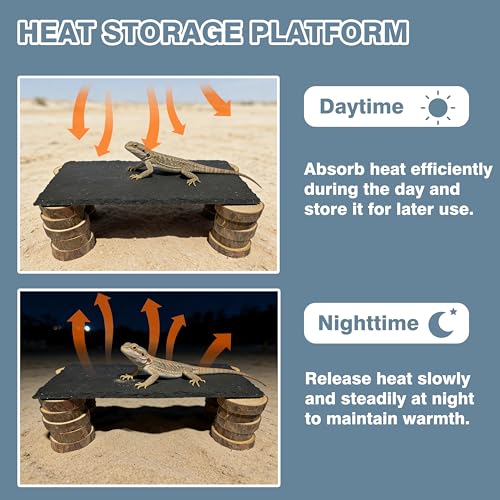 Bearded Dragon Basking Rock Platform with Wooden Pile,Natural Slate Stone Rocks Basking Platform,Habitat Hideouts Hide Cave Reptile Tank Accessories for Bearded Dragons,Geckos,Ball Pythons, Tortoise