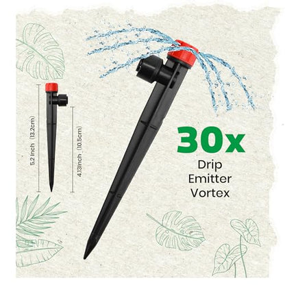 MIXC 30pcs Quick-Connect Drip Irrigation Emitters for 1/4" Drip Irrigation Tubing - Adjustable Push-to-Connect 360° Drip Emitters Stream on 5.5" Sturdy Stake for Irrigation System