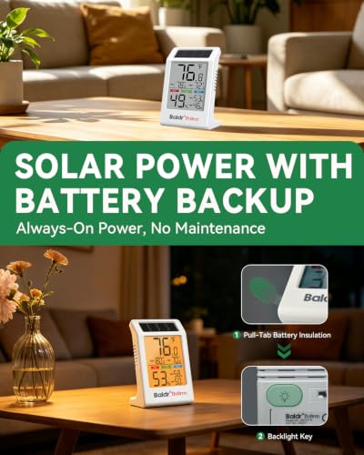 BALDR 2-Pack Indoor Thermometer Humidity Meter with Backlight Solar Powered | Room Temperature Monitor with Comfort Indicator & Max Min Records Digital Hygrometer for Home Bedrooms Office, Battery Backup