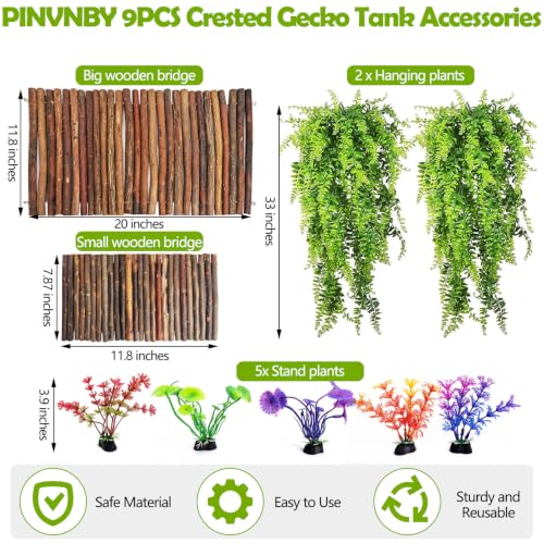 PINVNBY 9PCS Wooden Bridge Hideout and Reptile Plants Vines Climbing Terrarium Habitat Decor Hut Bearded Dragon Tank Accessories for Lizard Crested Gecko Tortoise Snake Hermit Crab