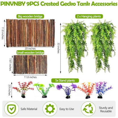 PINVNBY 9PCS Wooden Bridge Hideout and Reptile Plants Vines Climbing Terrarium Habitat Decor Hut Bearded Dragon Tank Accessories for Lizard Crested Gecko Tortoise Snake Hermit Crab