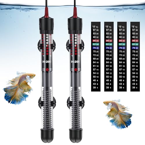 Dreyoo 2 Set 100W Submersible Aquarium Heater with 4 Thermometer Stickers | Adjustable Aquarium Fish Tank Heater with Suckers, Adjustable Knob Thermostat for Marine Saltwater and Freshwater