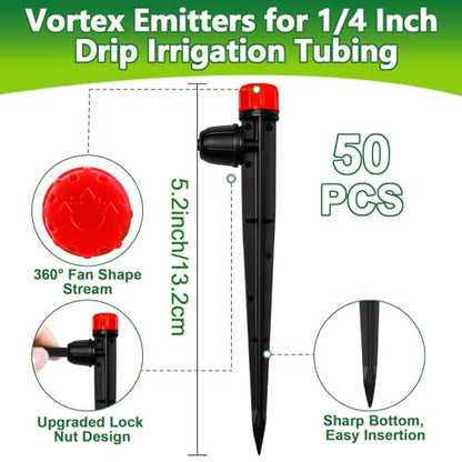 50 Pieces Drip Irrigation Emitters, Adjustable 360 Degree Drip Stream Emitters on 5" with Stake for 1/4" Drip Irrigation Tubing Irrigation 8 Hole Stream Drippers for Garden Watering System - size: Stream Emitters - 50 Pieces