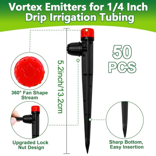 50 Pieces Drip Irrigation Emitters, Adjustable 360 Degree Drip Stream Emitters on 5" with Stake for 1/4" Drip Irrigation Tubing Irrigation 8 Hole Stream Drippers for Garden Watering System - size: Stream Emitters - 50 Pieces