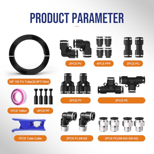 3/8 OD Inch Air Line Hose Tubing Kit Poly Airline Black | Polyurethane Compressed Pneumatic Compressor Repair Kit With Push To Connect Fittings - color: Black, size: 3/8" OD