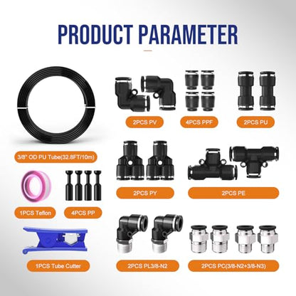3/8 OD Inch Air Line Hose Tubing Kit Poly Airline Black | Polyurethane Compressed Pneumatic Compressor Repair Kit With Push To Connect Fittings - color: Black, size: 3/8" OD