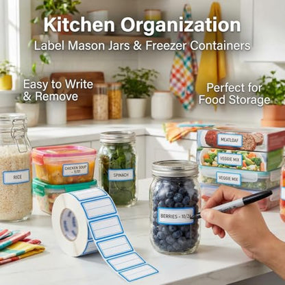 500Pcs 40x25mm 2-Line Blue Border Freezer Labels, Writable Stickers | 500Pcs 40x25mm labels; removable writable adhesive for jars, containers, meal prep, pantry storage, and freezer use. - color: 500pcs Blue 2-line