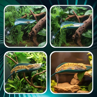 3 Pcs Leaf Shape Crested Gecko Hide, Plastic Wall Climbing Leaf Platform with Suction Cups Reptile Tank Accessories for Tree Frog Turtle Leopard Gecko (Dark Green)