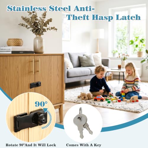 Alise Keyed Hasp Lock,4 Inch Safety Packlock Clasp Hasps Latch,Black Door Hinge Lock with Keys Keyed Locking Hasps for Cabinet,Closet,Drawer, Barn,Fence,Garage Doors | Heavy Duty Hasp Lock ,Attic Door Latch,Black Door Lock with Keys for Storage Cabinet,Cl