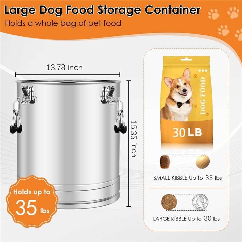 Stainless Steel Dog Food Storage Container,30LB/35LB Airtight Dog Food Storage Container with Lid to Keep Fresh,Easy Clean Large Pet Food Storage Container with Scoop for Cat Food,Chicken Feed,Rice - size: 30 LBS