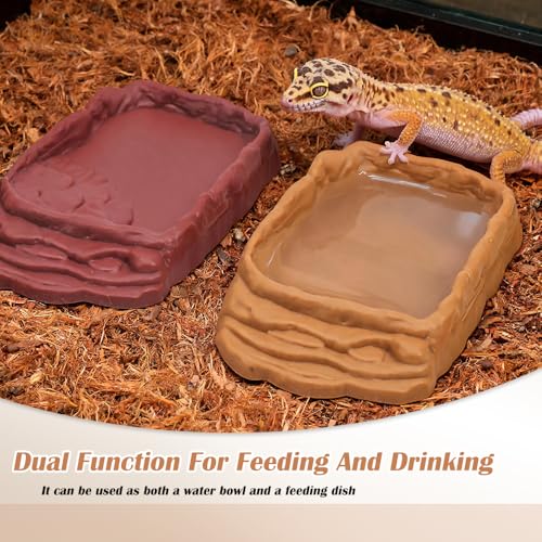 2 Pack Reptile Water Bowls, Rock Reptile Food Dish, Plastic Terrarium Feeding Bowl for Bearded Dragon Leopard Gecko Lizard Turtle Frog Snake Small Pets (Brown and Yellow)