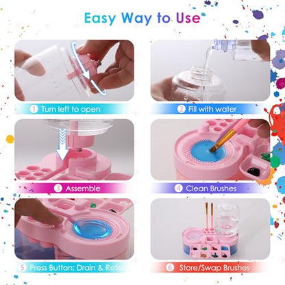 Paint Brush Washer, Deep-Clean Leak-Proof Kit with Palette | Includes: 5 canvases, 20 brushes & case, 400ml clean/500ml waste tank, durable ABS, ideal gift for beginners/students, pink - color: Pink