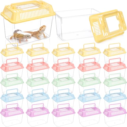 LemonRoad 25 Pcs Plastic Reptile Terrariums Carrier Cage Small Animal Terrarium Boxes 5.9" x 3.7" x 4.3" Enclosure Breeding Box Hatching Container Fish Tank with Ventilated Lid for Tarantula Spider
